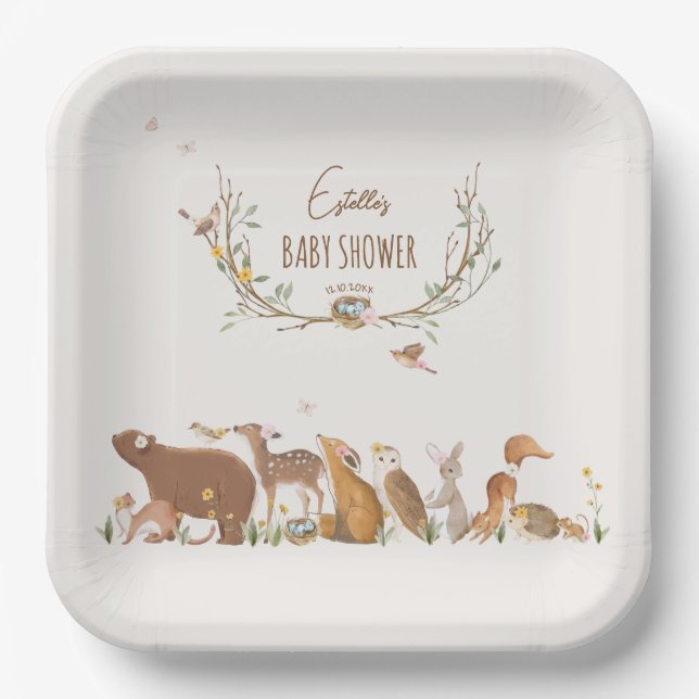 Woodland Animals Forest Friends Baby Shower Paper Plate (Front)