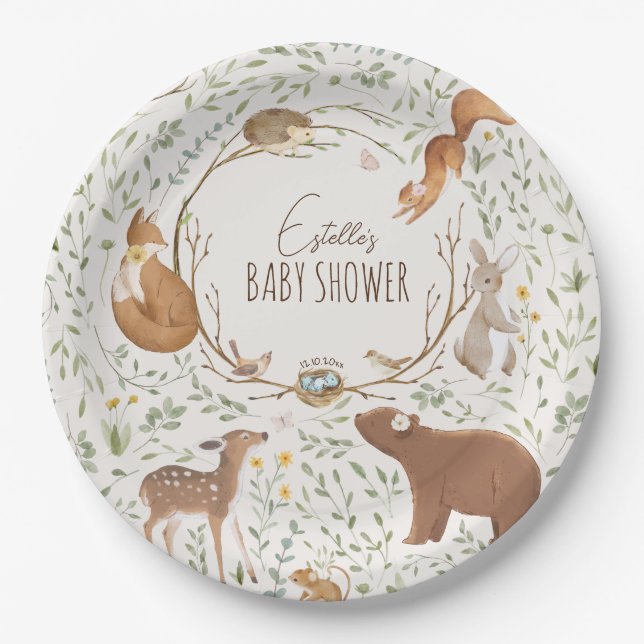 Woodland Animals Forest Friends Baby Shower Paper Plate (Front)