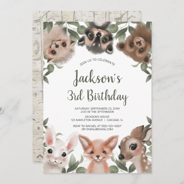Woodland animals forest friends boy birthday party invitation (Front/Back)