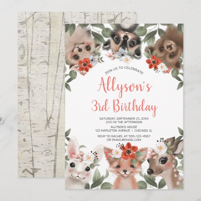 Woodland animals forest friends girl birthday invitation (Front/Back)