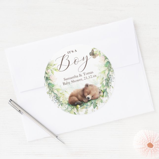 Woodland Animals Forest Greenery Baby Boy Shower Classic Round Sticker (Envelope)