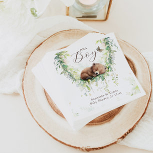 Woodland Animals Forest Greenery Baby Boy Shower Napkin