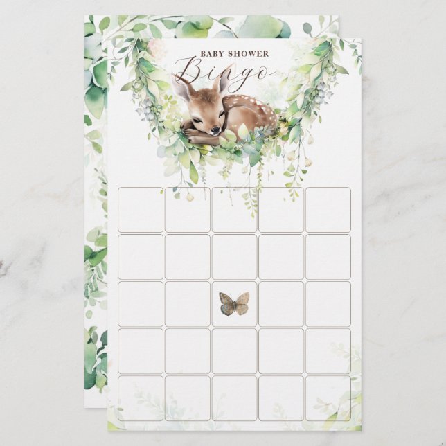 Woodland Animals Forest Greenery Baby Shower Bingo (Front/Back)