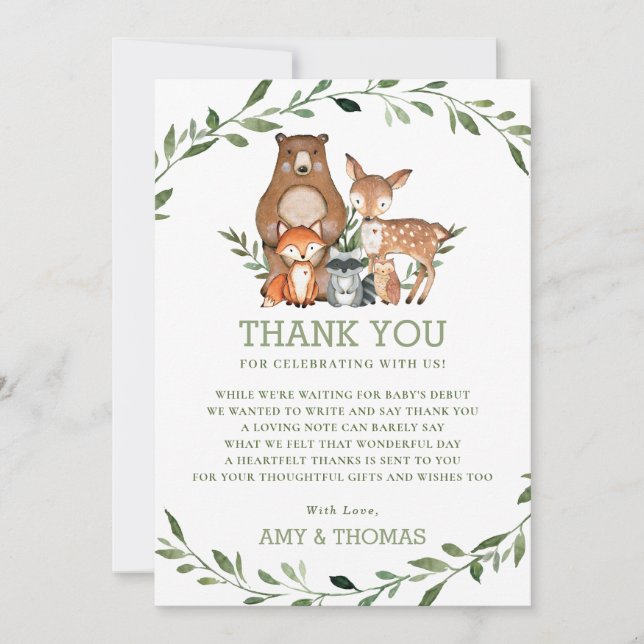 Woodland Animals Forest Greenery Baby Shower Chic Thank You Card (Front)