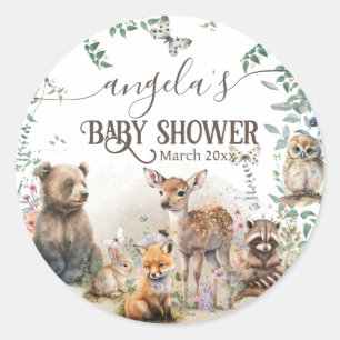 Woodland animals forest greenery Baby Shower Classic Round Sticker