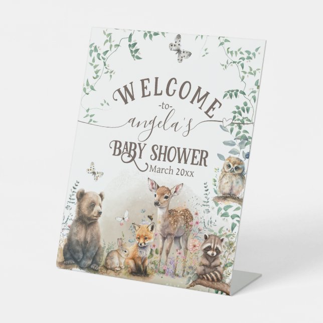 Woodland animals forest greenery Baby Shower Pedestal Sign (Front)