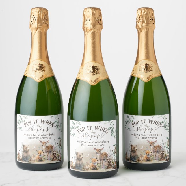 Woodland animals forest greenery Shower She pops  Sparkling Wine Label (Bottles)