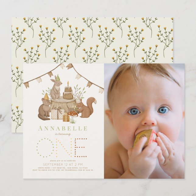 Woodland Animals Forest Party 1st Birthday Photo Invitation (Front/Back)