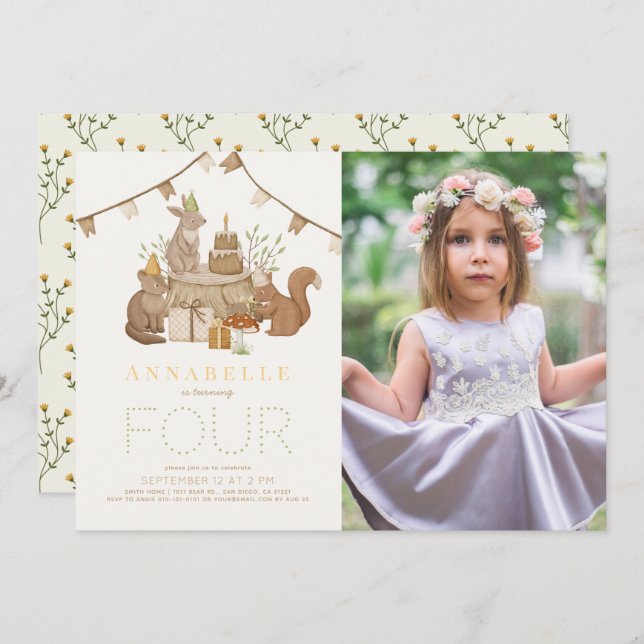 Woodland Animals Forest Party Kids Birthday Photo Invitation (Front/Back)