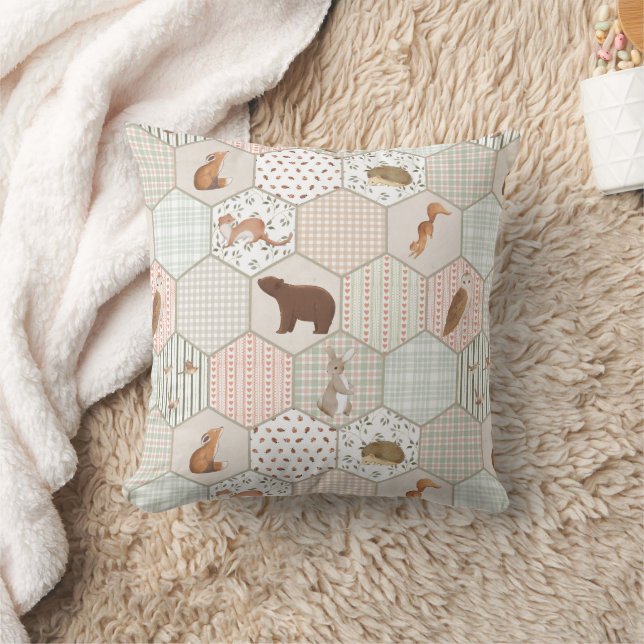 Woodland Animals Forest Patchwork Baby Shower Gift Cushion (Blanket)