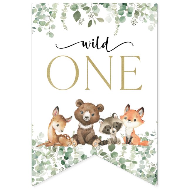 Woodland Animals, Forest, Wild One, First Birthday Bunting (First Flag)