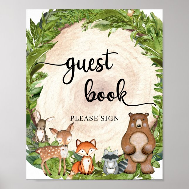 Woodland animals forest wooden log guest book sign (Front)