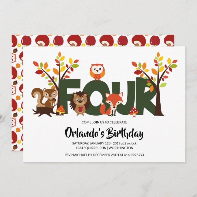Woodland Animal's Fourth Birthday Party Invitation (Front/Back)