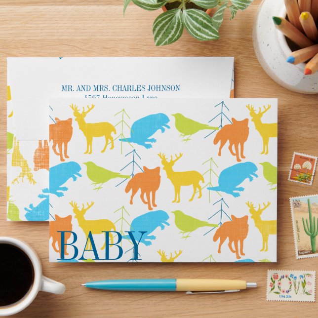 Woodland Animals Fox Baby Boy Shower Invitations Envelope (Desk)