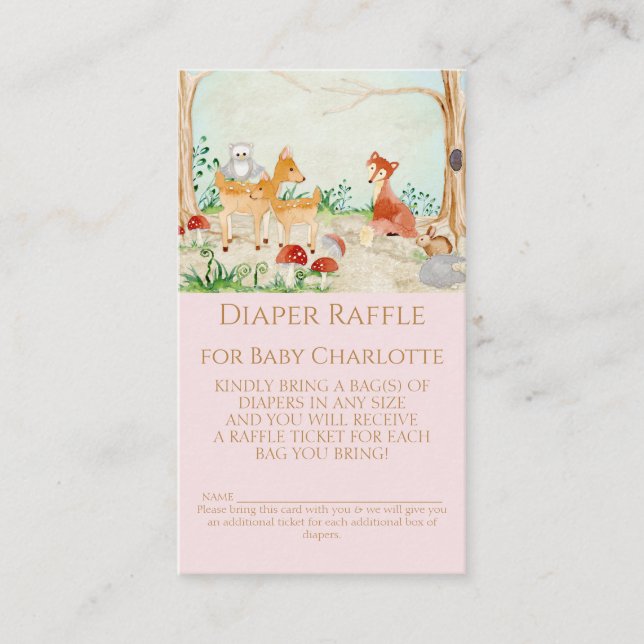 Woodland Animals Fox Deer Diaper Raffle Girl Baby Business Card (Front)