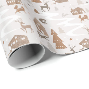 Woodland Animals Fox, Deer & Rabbit Cosy Village Wrapping Paper