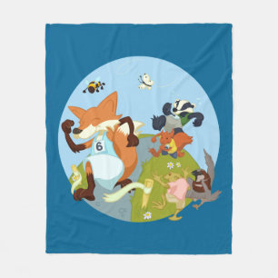 Woodland Animals Fun Running Fox & Badger Cartoon Fleece Blanket