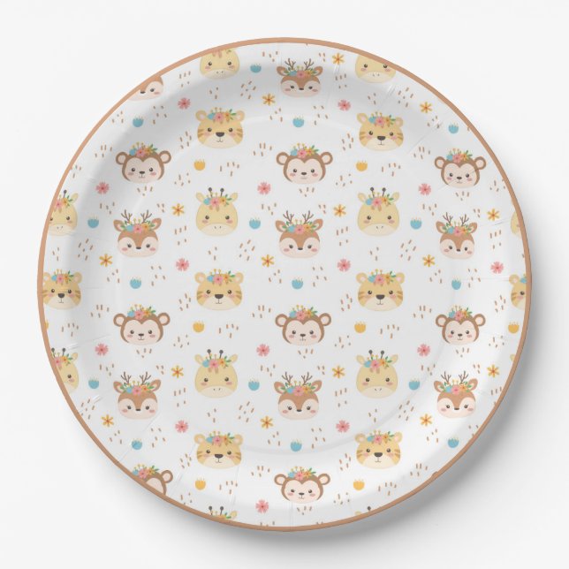 Woodland Animals Giraffe Monkey Paper Plate (Front)
