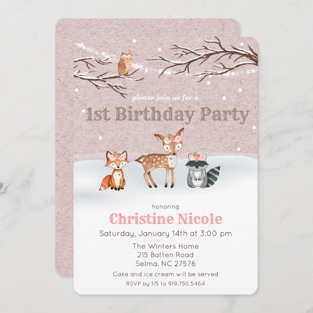 Woodland Animals Girl 1st Birthday Invitation (Front/Back)