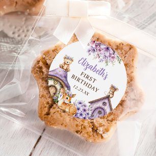 Woodland Animals Girl 1st Birthday Party Classic Round Sticker