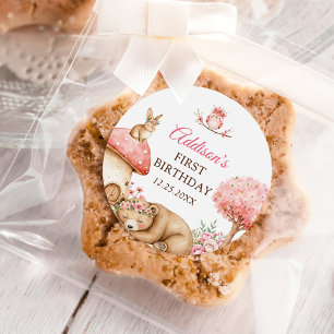 Woodland Animals Girl 1st Birthday Party Classic Round Sticker