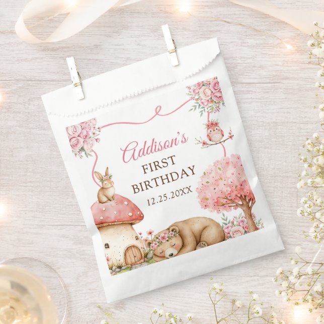 Woodland Animals Girl 1st Birthday Party Favour Bag (Clipped)