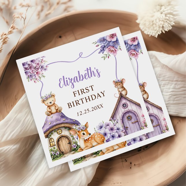 Woodland Animals Girl 1st Birthday Party Napkin (Creator Uploaded)