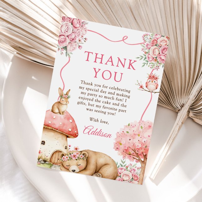 Woodland Animals Girl 1st Birthday Party Thank You Card (Creator Uploaded)