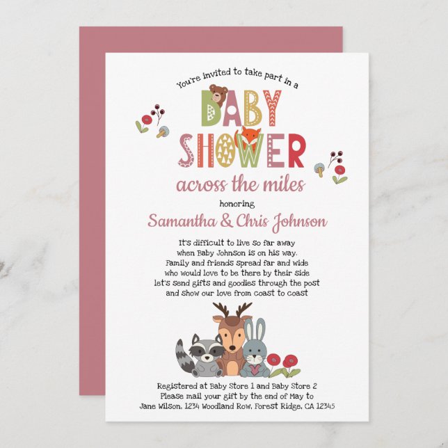 Woodland Animals Girl Baby Shower by Mail Invitation (Front/Back)