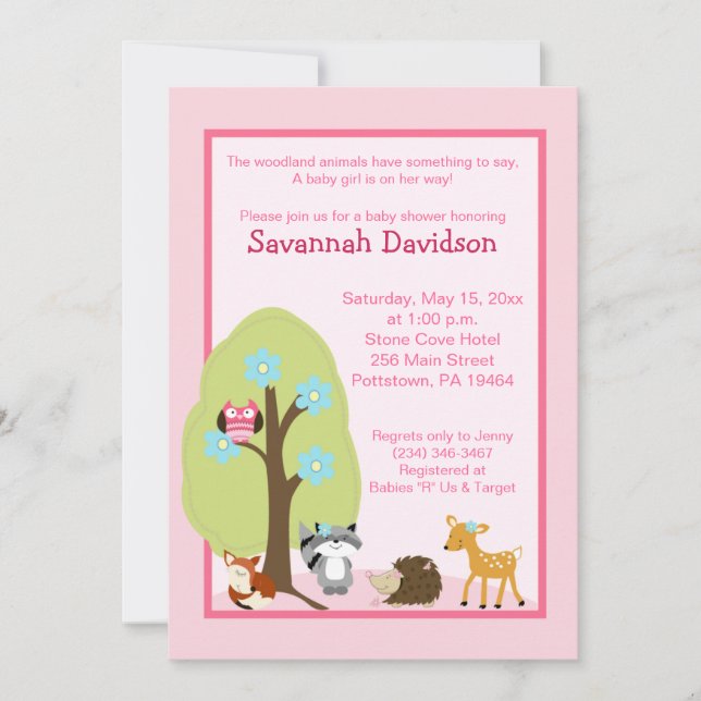 Woodland Animals Girl Baby Shower Invitation (Front)