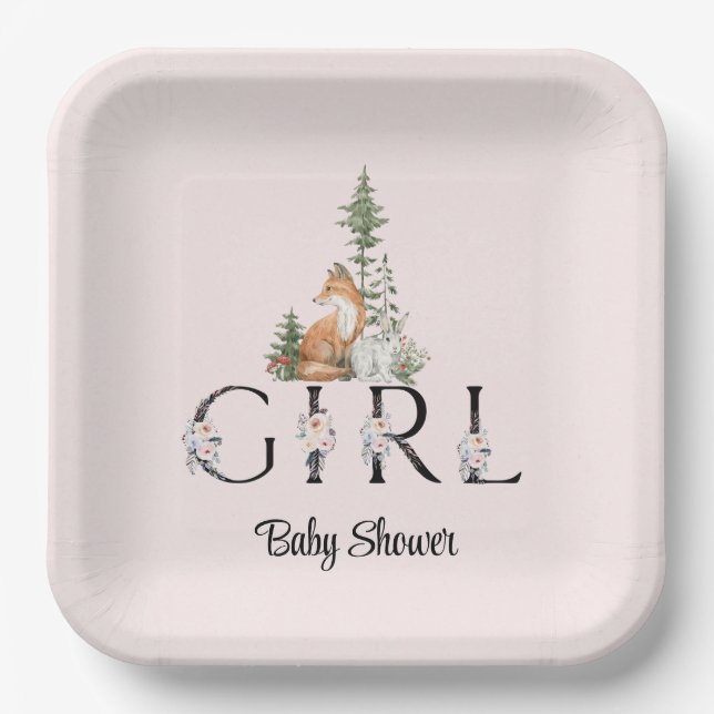 Woodland Animals Girl Baby Shower Paper Plate (Front)
