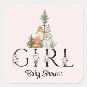 Woodland Animals Girl Baby Shower Square Sticker