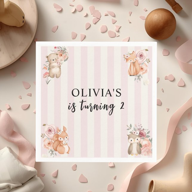 Woodland Animals Girl Birthday Pink Napkin (Creator Uploaded)