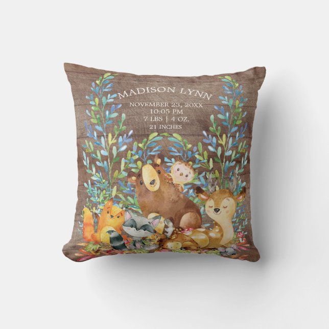 Woodland Animals Girl Boy Birth Stats Pillow (Front)