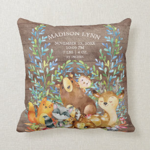 Woodland Animals Girl Boy Birth Stats Pillow
