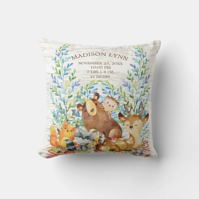 Woodland Animals Girl Boy Birth Stats Pillow (Front)
