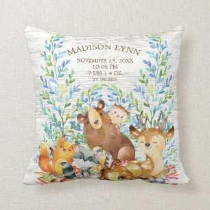 Woodland Animals Girl Boy Birth Stats Pillow