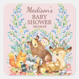 Woodland Animals Girls Baby Shower Favour Sticker