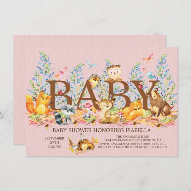 Woodland Animals Girls Baby Shower Invitation (Front/Back)