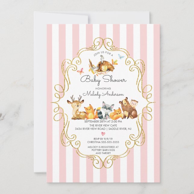 Woodland Animals Girls Baby Shower Invitation (Front)