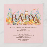 Woodland Animals Girls Baby Shower Invitation