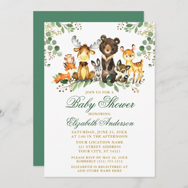 Woodland Animals Gold Green Baby Shower Invitation (Front/Back)