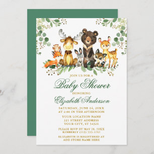 Woodland Animals Gold Green Baby Shower Invitation