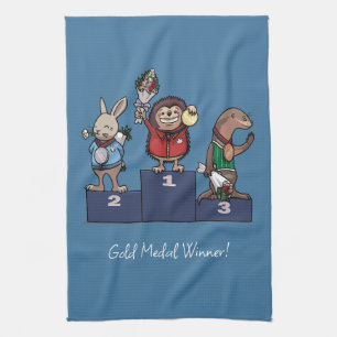 Woodland Animals Gold Medal Winner Gift Podium Art Tea Towel