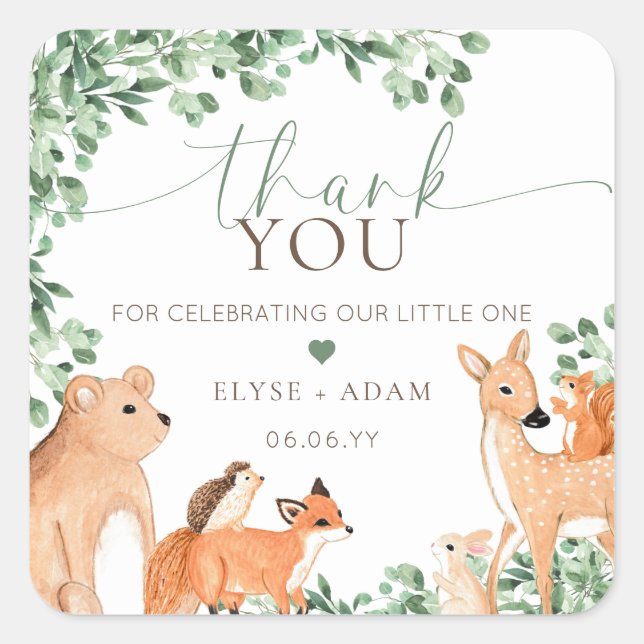 Woodland Animals Green Baby Shower Thank You Square Sticker (Front)