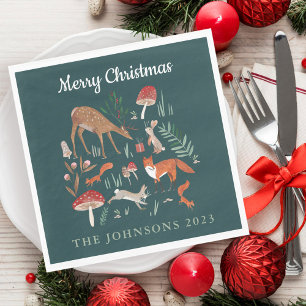 Woodland Animals Green Christmas  Napkin