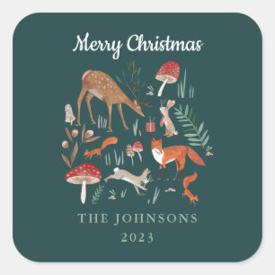 Woodland Animals Green Christmas  Square Sticker