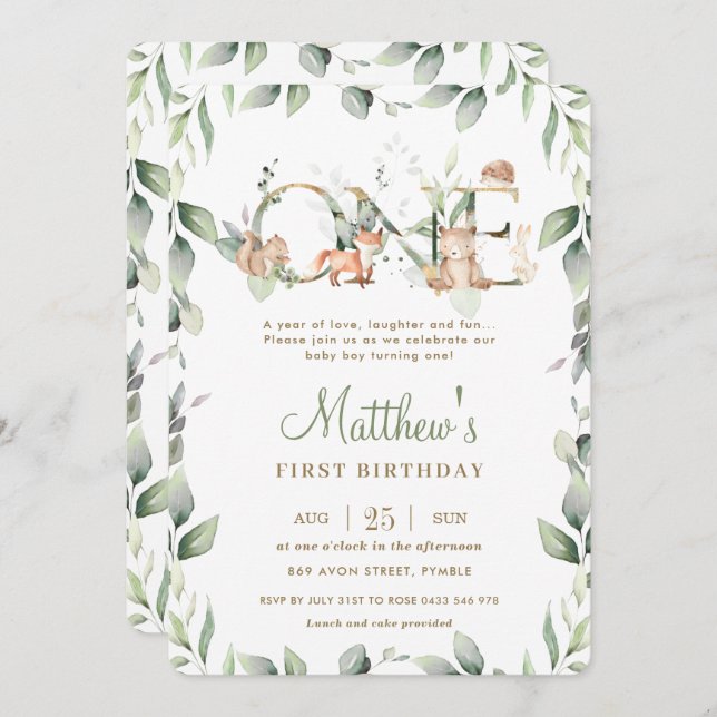 Woodland Animals Greenery 1st Birthday Boy Girl Invitation (Front/Back)