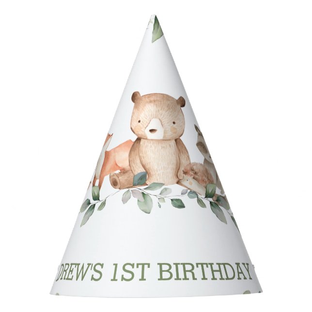 Woodland Animals Greenery 1st Birthday Boy Girl Party Hat (Front)