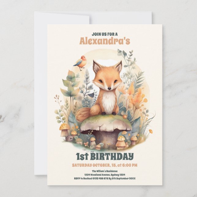 Woodland Animals Greenery 1st Birthday Invitation (Front)